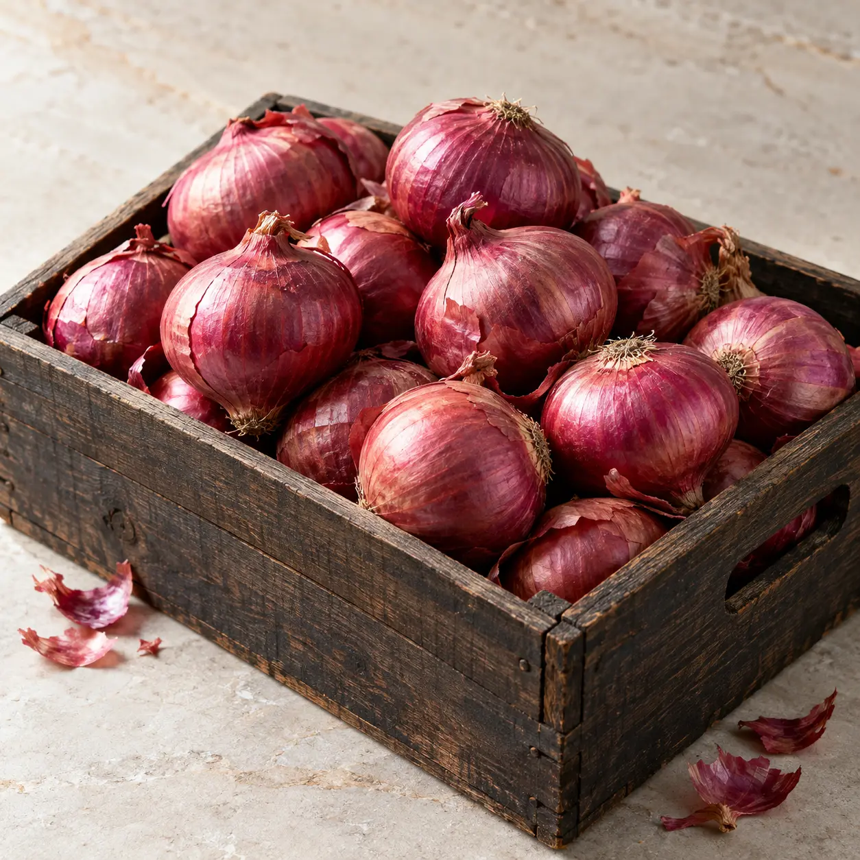 Illustrative still life of red onions in a wooden crate