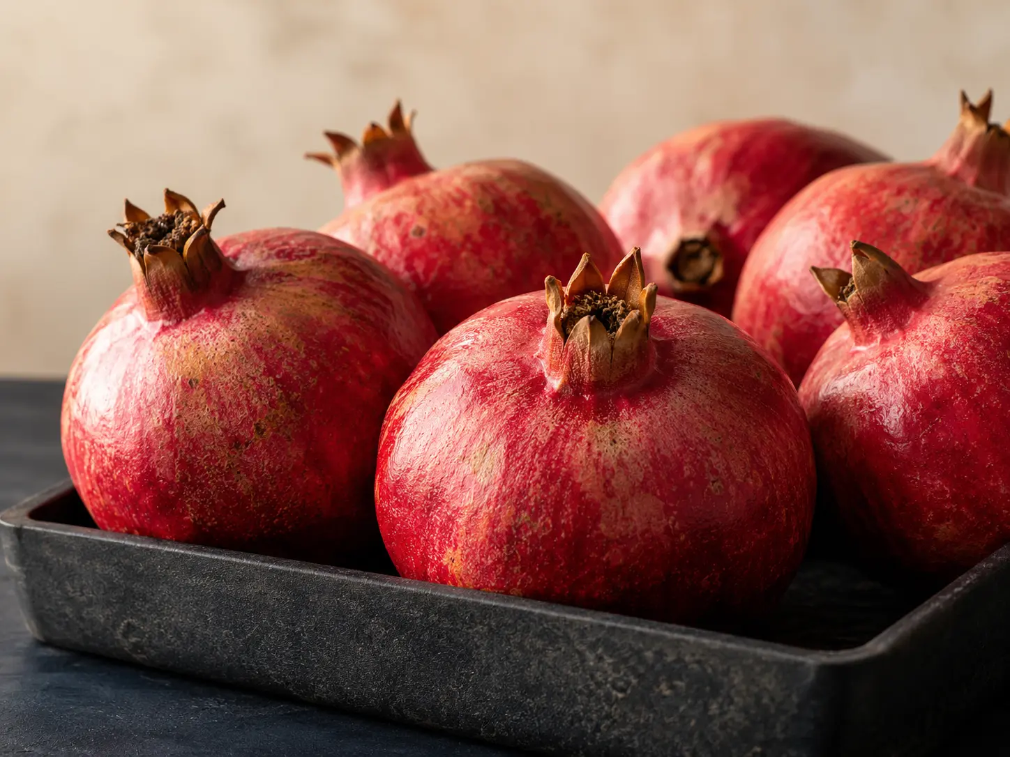 Illustrative still life of pomegranates on a tray