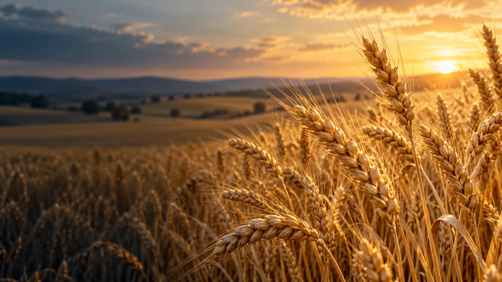 Illustrative wheat field at sunset