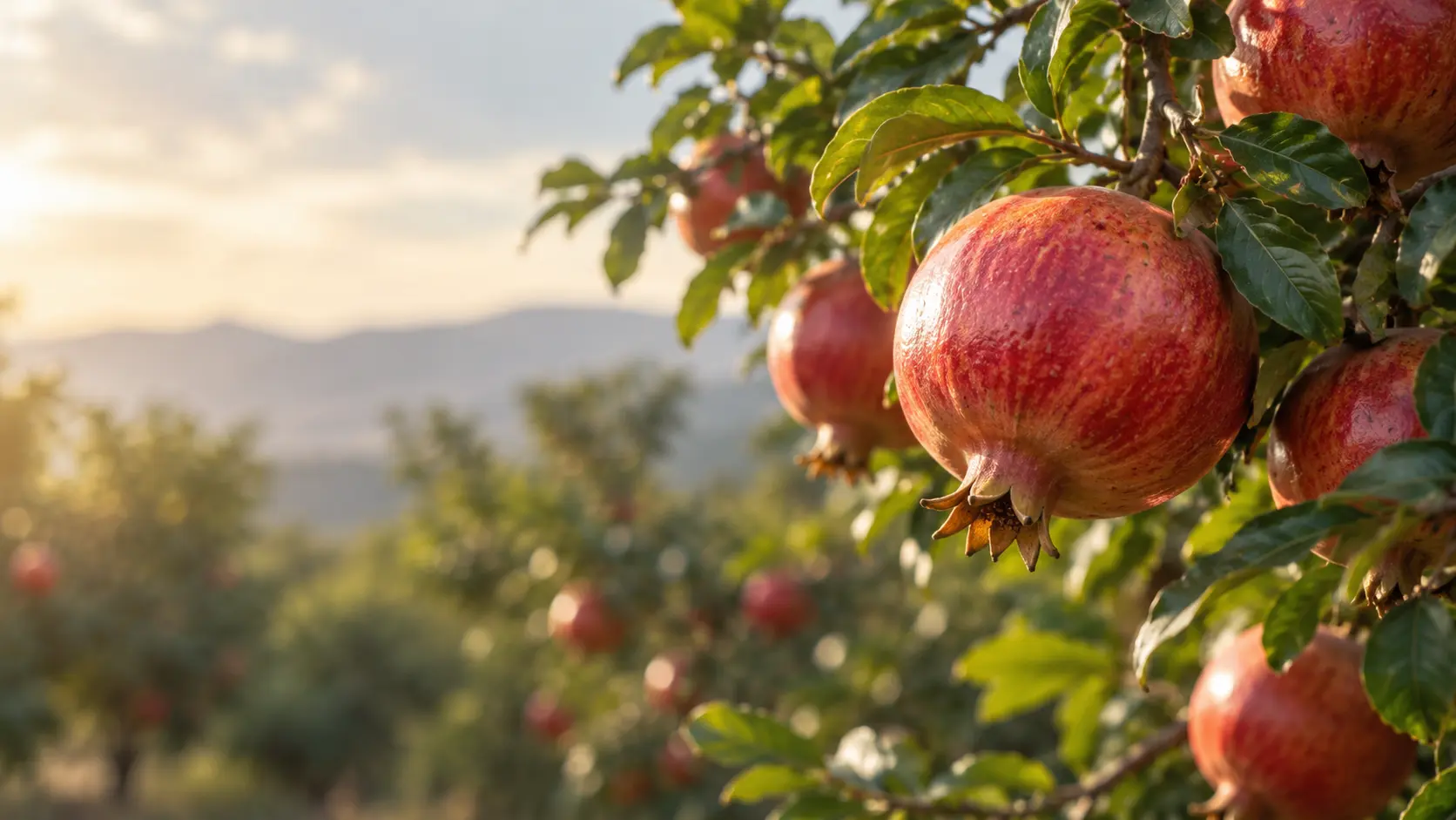 Illustrative pomegranates on a tree