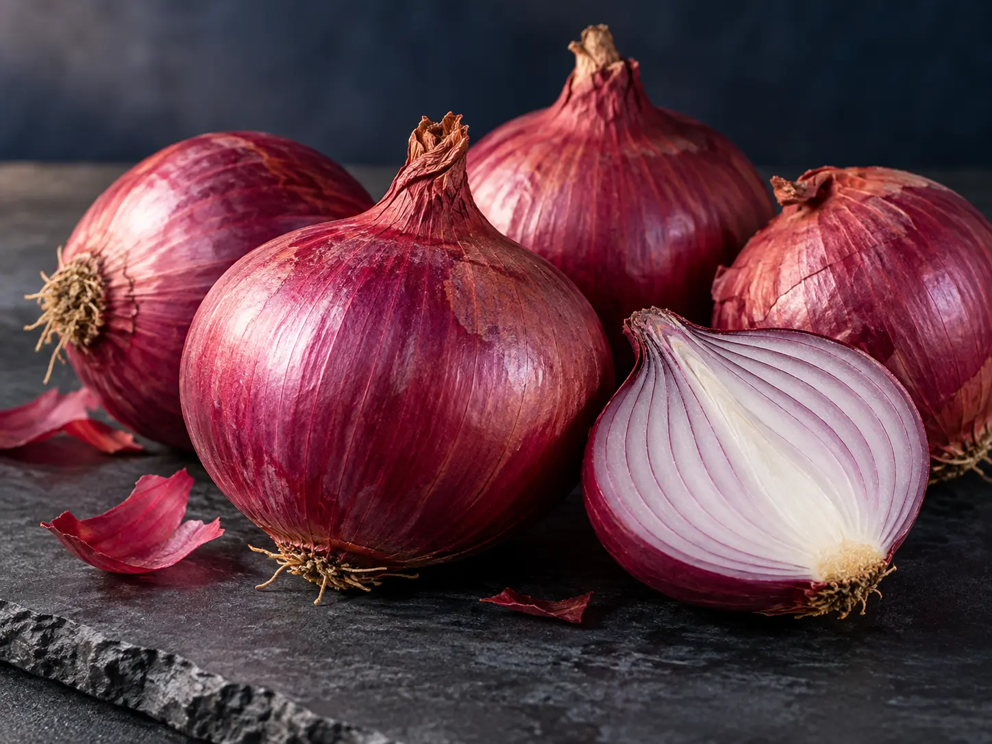Illustrative still life of whole and cut red onions