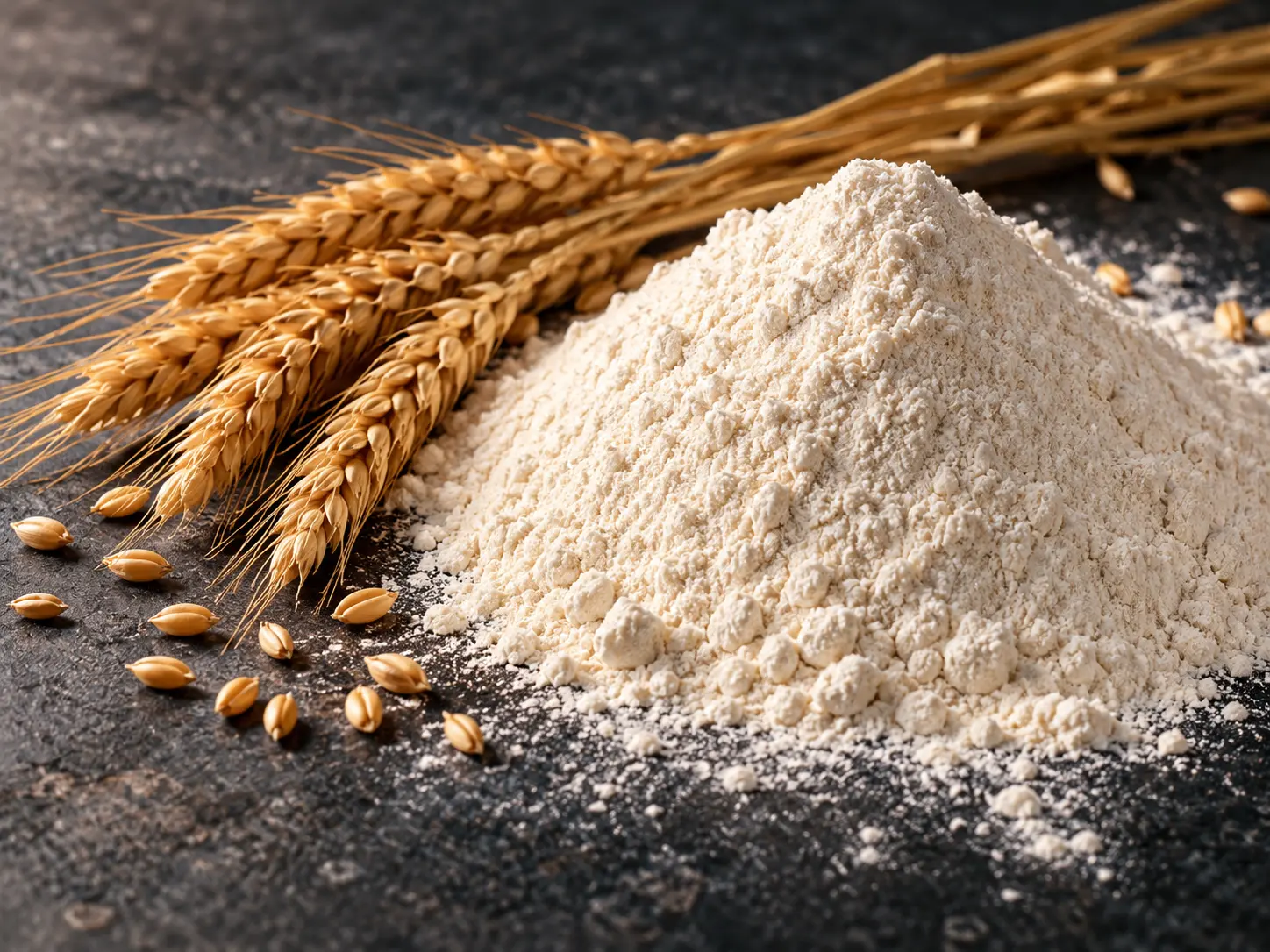 Illustrative still life of wheat flour and wheat stalks